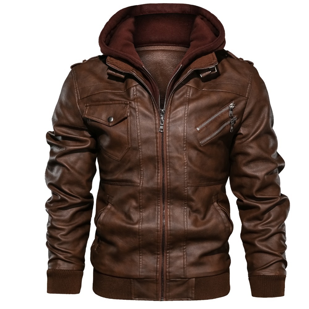 Leather Work Jacket With Hood - Jaket Pria Berkerudung Jaket Pu Ritsleting
