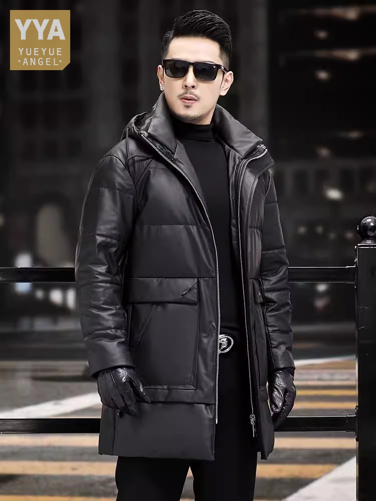 Leather Work Jacket With Hood - Mantel Bulu Angsa Putih Hangat Tebal